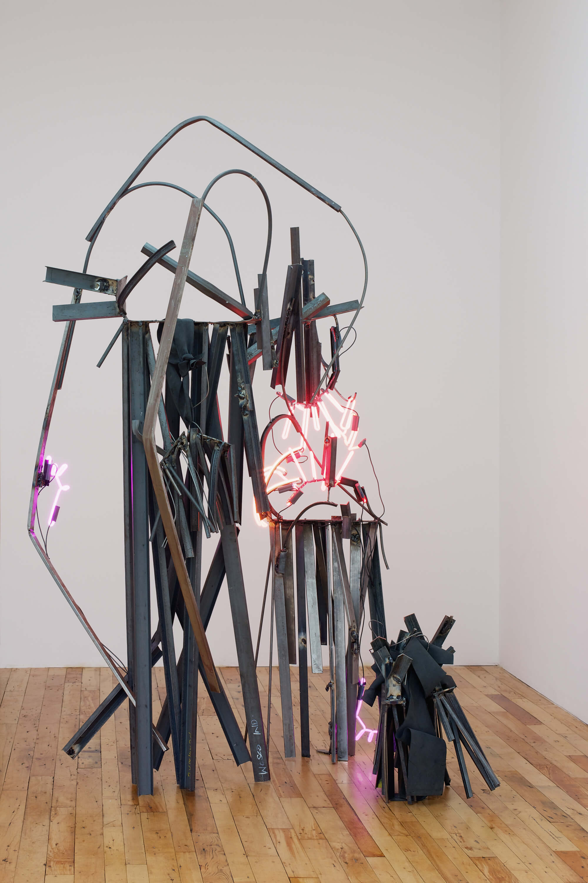 Steel and neon sprawl, Steel, neon, rubber, GTO cable, 86 x 68 x 44 inches, 2013